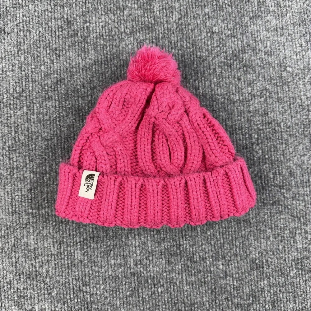 The North Face Beanie Girls One Size Pink‎ Cable Knit Pom Winter Warm Hat